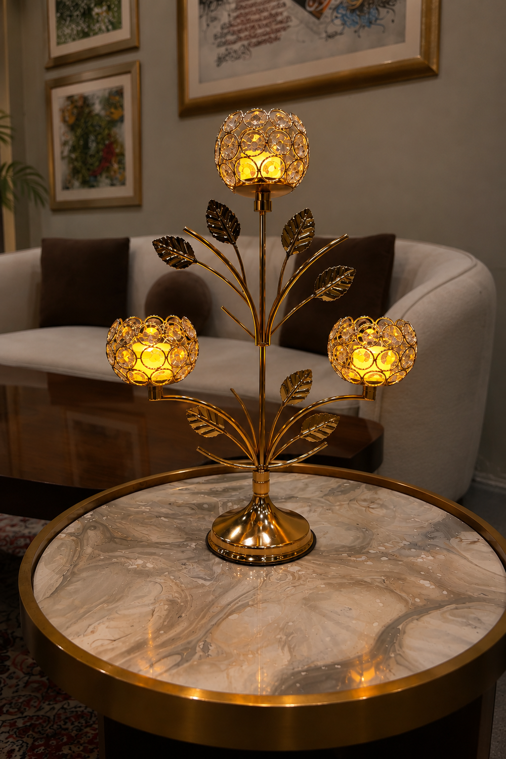 VIBE CART Crystal Bloom candle holder, 3-arm gold design