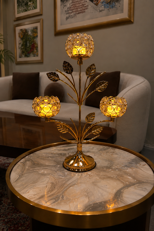 VIBE CART Crystal Bloom candle holder, 3-arm gold design