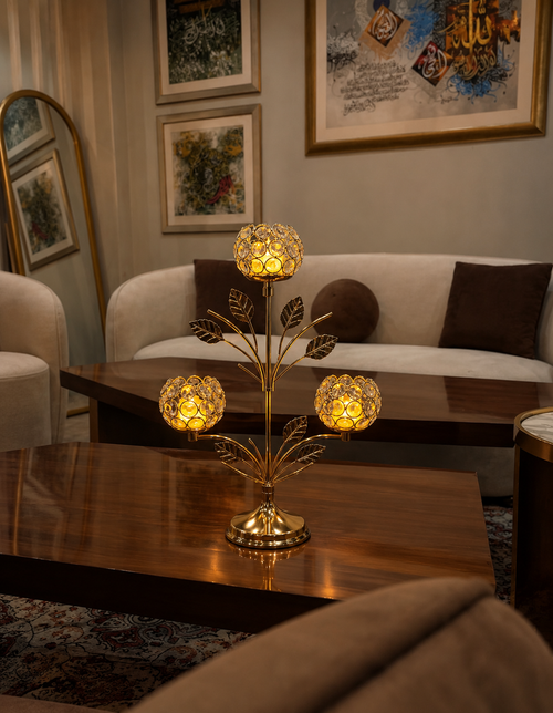 VIBE CART Crystal Bloom candle holder with crystal globes, close-up