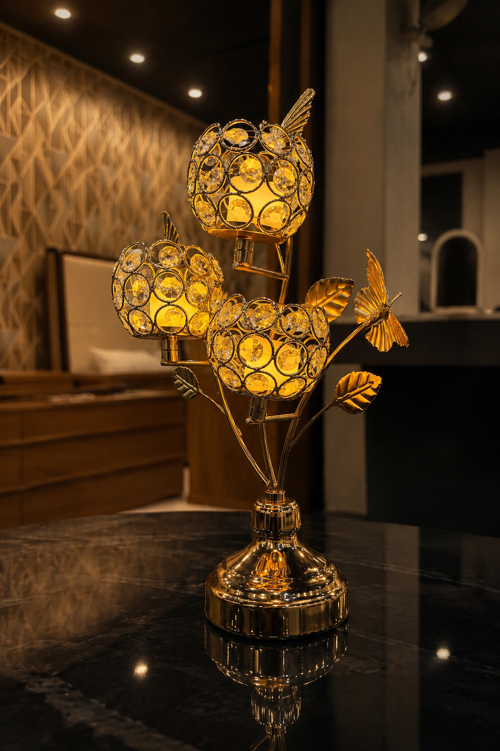 VIBE CART Crystal Butterfly candle holder with tealights lit