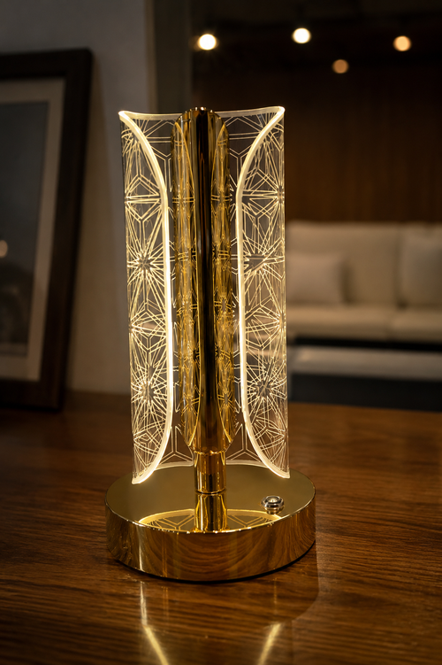 VIBE CART rechargeable LED lamp in gold finish, front view